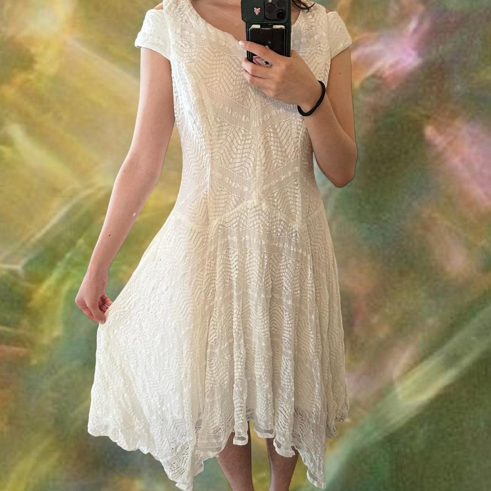 Rabbit Rabbit Rabbit White Lace  Asymmetrical Midi Dress